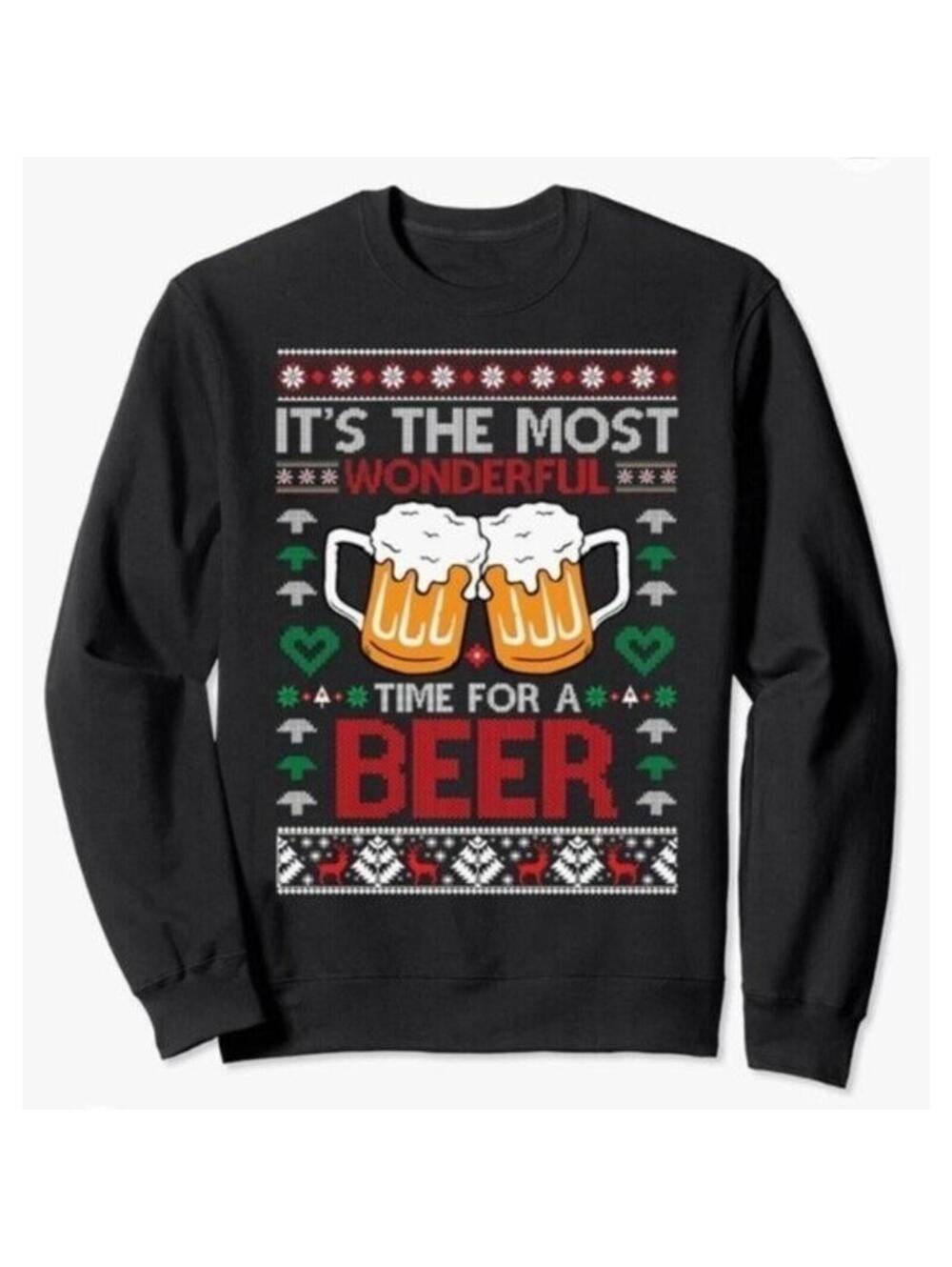 Ugly Christmas Sweater Its The Most Wonderful Time For A Beer Black Sweatshirt M
